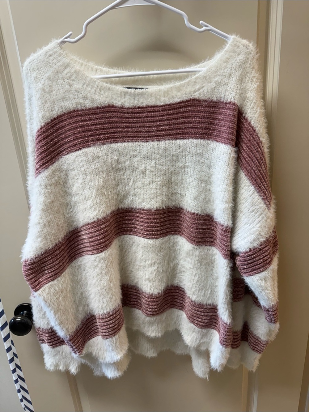 mittoshop Cream & Mauve Striped Fuzzy Boatneck Sweater